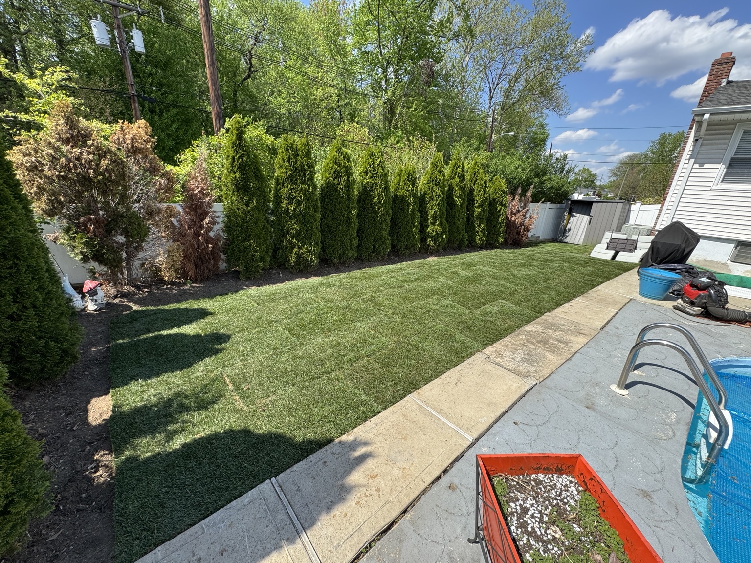 Sod installation beside a swimming pool